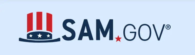 The official SAM.gov logo for the government website where businesses must register before pursuing contracts or grants. 