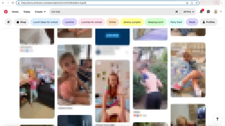 Blurred images of photos of minors (young girls and babies) suggested by Pinterest's algorithm