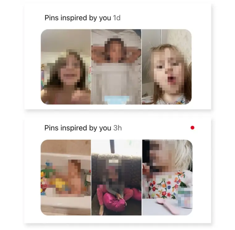 A composite of screengrabs from  Pinterest. The text says "Pins inspired by you" and feature (blurred) images of young girls and babies