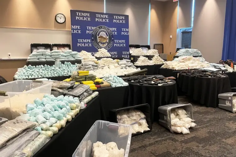 Fentanyl pills, meth and other drugs seized in Tempe, Ariz., on Feb. 23.