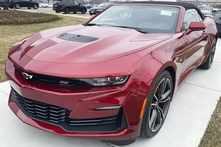 A 2023 Chevy Camaro 2SS Convertible is seen at a Chevy dealership in Wheeling, Ill., Wednesday, March 22, 2023. The Chevrolet Camaro is going out of production. General Motors, which sells the brawny muscle car, said Wednesday, March 22, 2023 it will stop making the current generation early next year. 
 (AP Photo/Nam Y. Huh)
