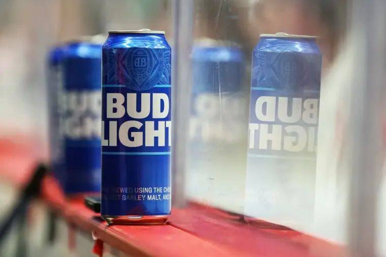 A can of Bud Light sits on a ledge during a hockey game in Detroit