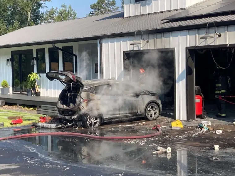 A 2019 Chevrolet Bolt EV caught fire at a home in Cherokee County, Ga., on Sept. 13, 2021, according to the local fire department.
