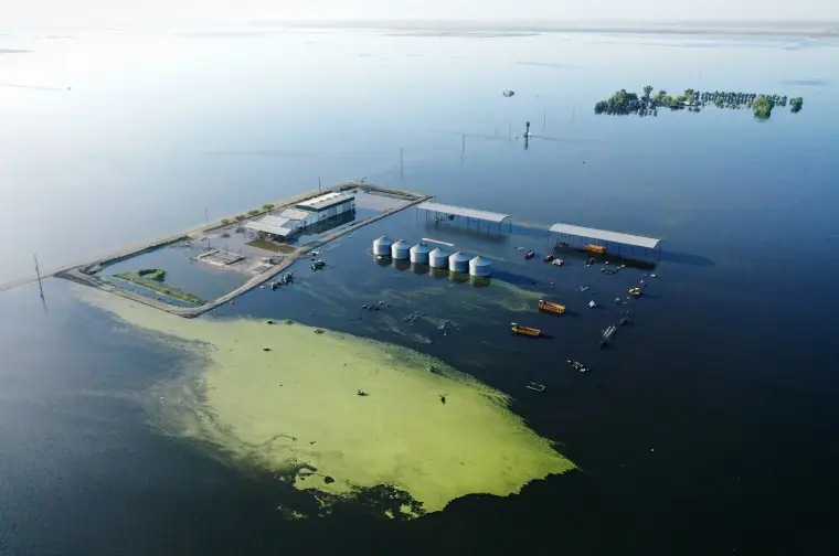 Floodwaters inundate farmland in the reemerging Tulare Lake, in California's Central Valley on April 27, 2023.