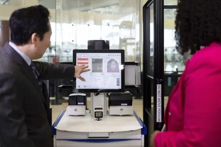 TSA's identity management capabilities manager, Jason Lim, demonstrates new facial recognition technology in Glen Burnie, Md., on April 26.
