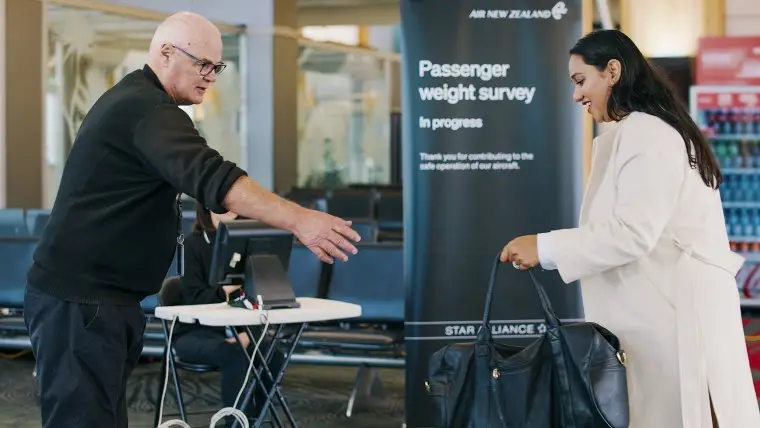 New Zealand's national airline is asking people to step on the scales before they board international flights. Air New Zealand says it wants to weigh 10,000 passengers as part of a monthlong survey to better estimate the weight and balance of its planes. 