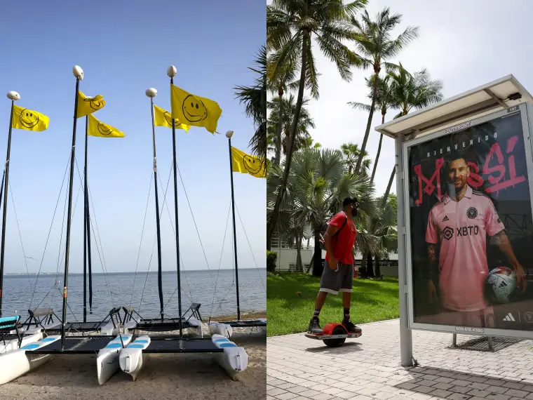 A person rides pass a display screen with soccer star Lionel Messi that reads “Welcome” in Downtown Miami, on July 20, 2023 in Miami, Florida.