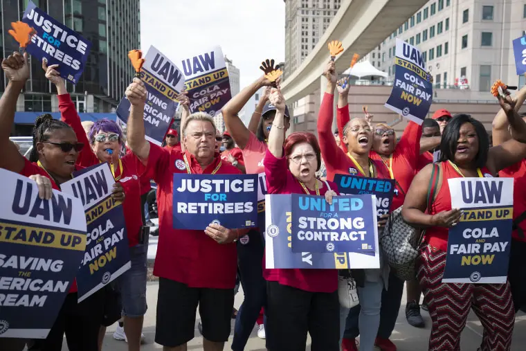 United Auto Workers members attend a solidarity rally as the UAW strikes the Big Three automakers on September 15, 2023 in Detroit, Michigan. This is the first time in history that the UAW is striking all three of the Big Three automakers, Ford, General Motors, and Stellantis, at the same time. 