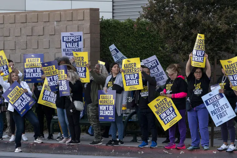 Kaiser Permanente workers strike outside a hospital in Los Angeles on Oct. 4, 2023.