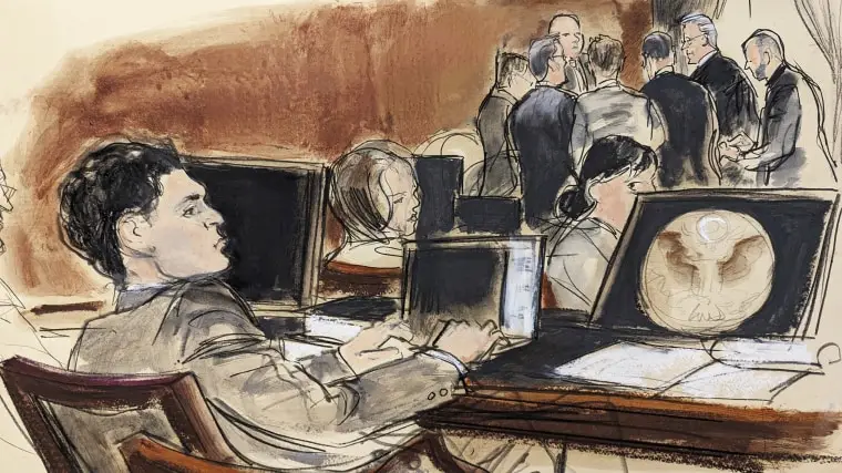 A courtroom sketch of Sam Bankman-Fried sitting at the defense table during final jury selection